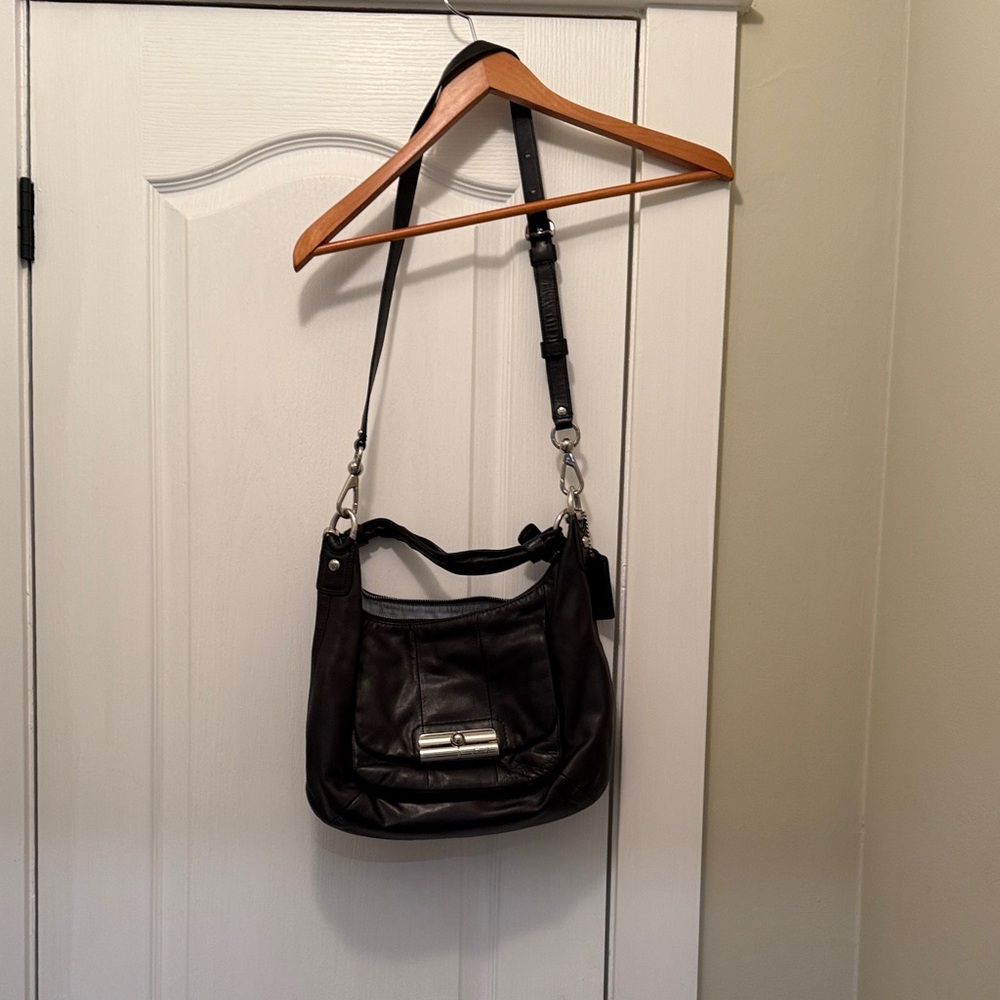 Coach Black Leather Shoulder Bag with Silver Accents